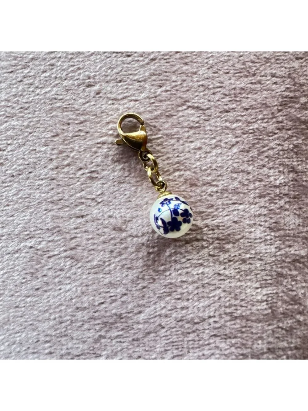 18K PVD Gold White Glass Bead Charm With Blue Floral Print & Gold Lobster Clasp - Picture 7 of 11